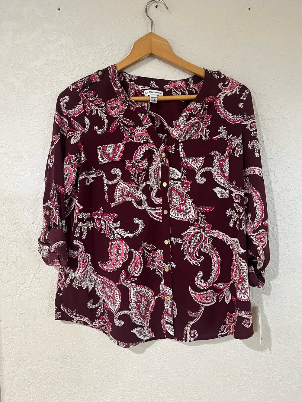 croft & barrow Maroon Paisley Button-Down Blouse with Pink and White Accents